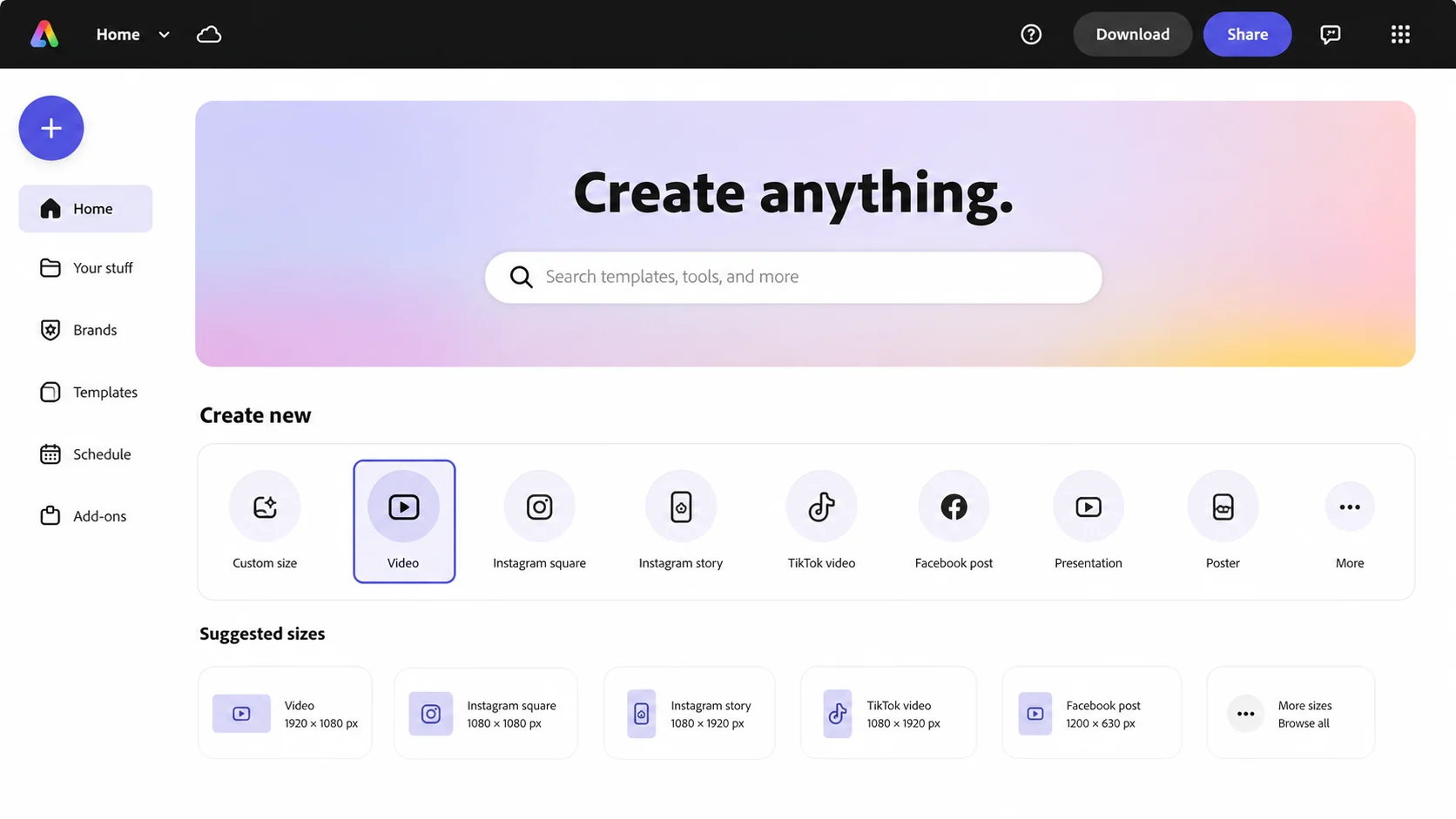 Adobe Express-style create video screen