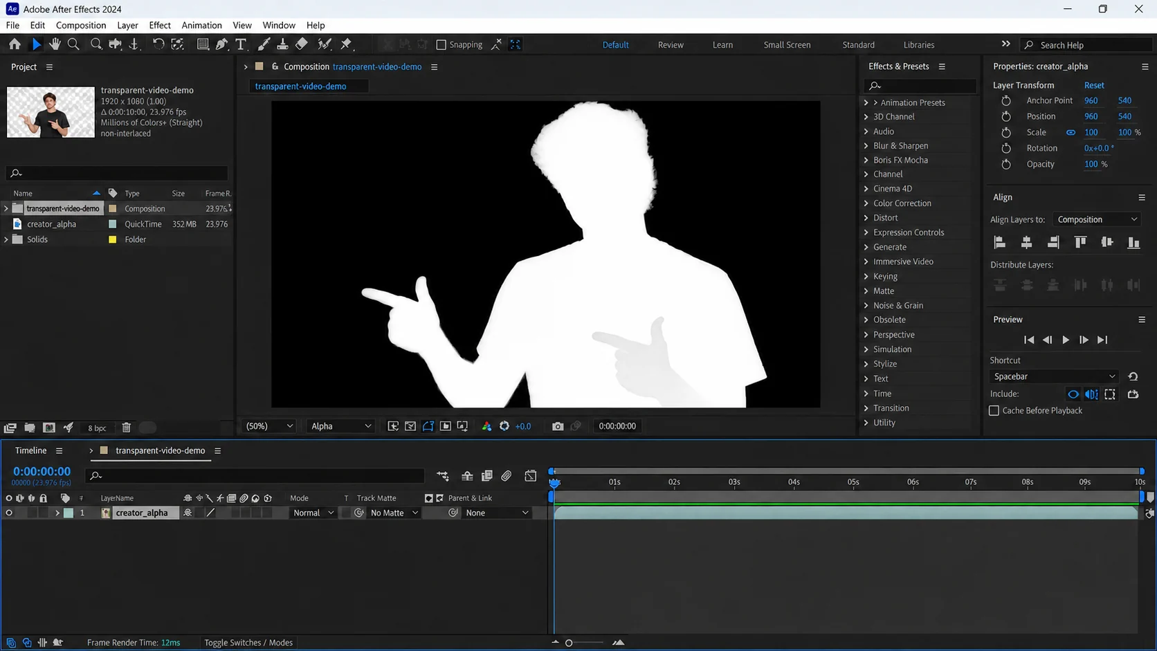 After Effects-style alpha channel preview