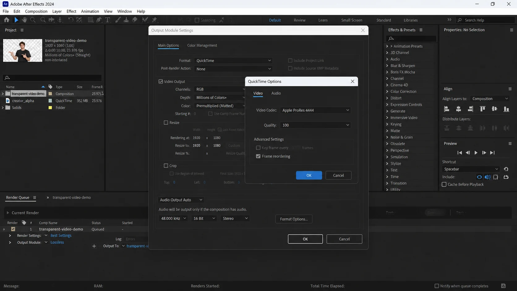 Apple ProRes 4444 selected in After Effects-style settings