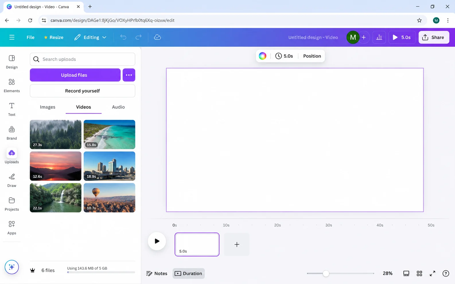 Canva video canvas and upload panel