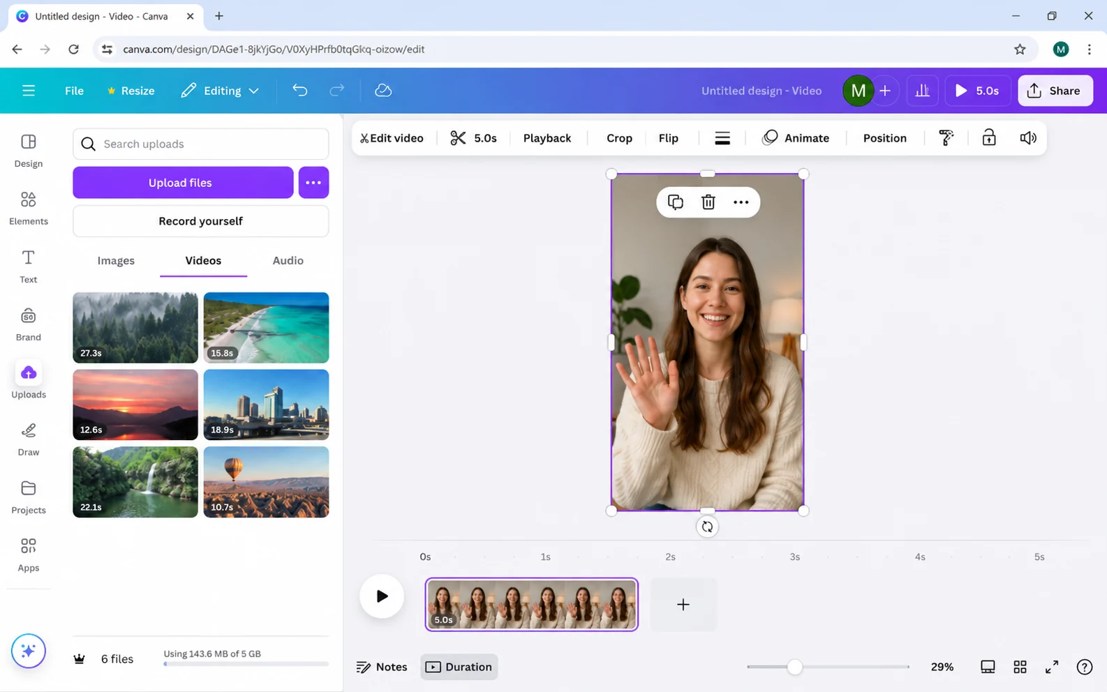 Video selected on a Canva-style canvas