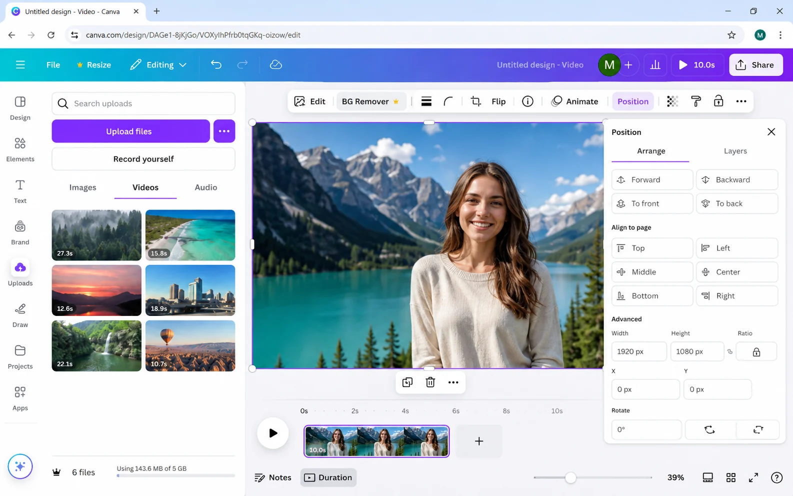 Person composited over a mountain background in Canva-style editor