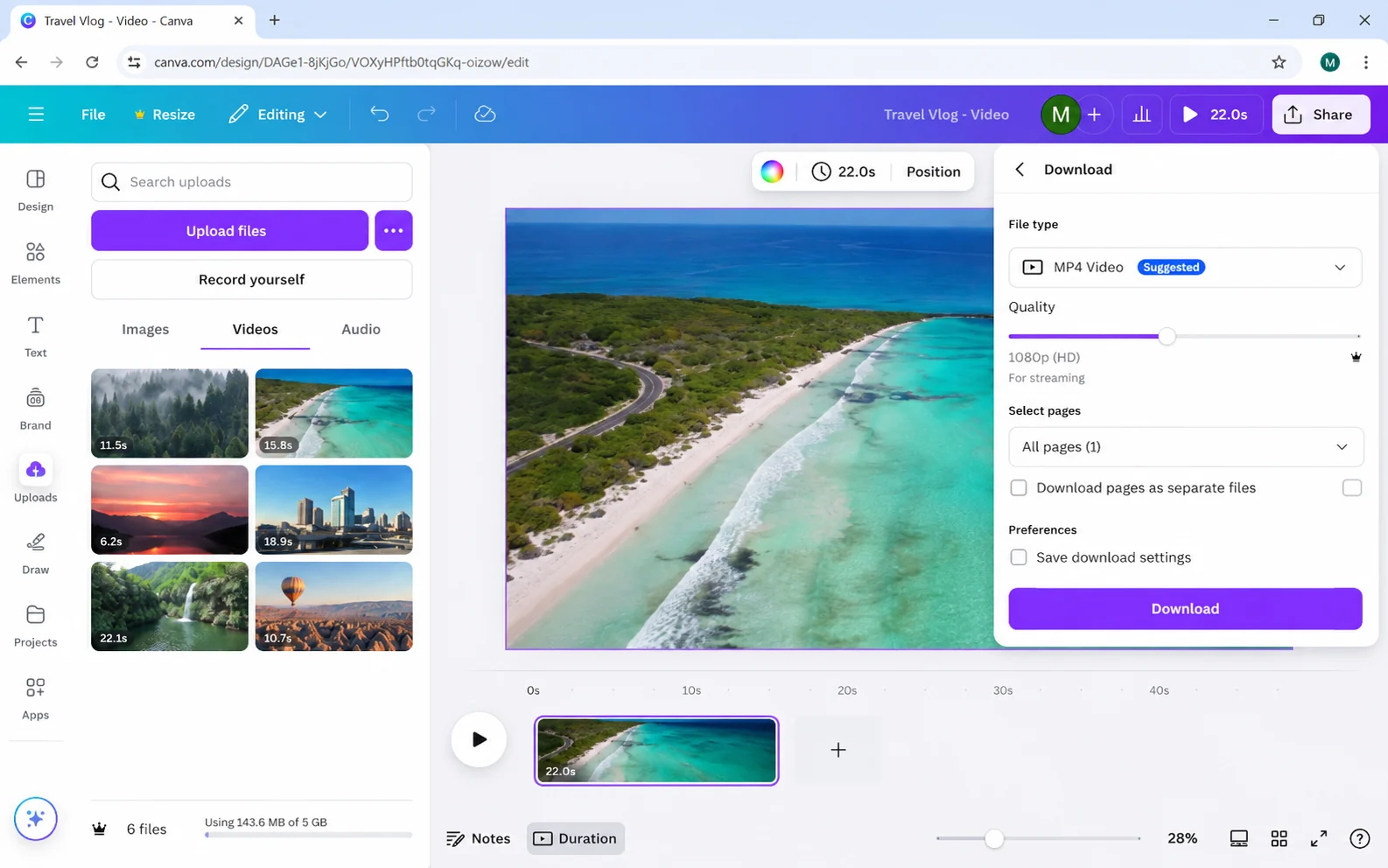 Canva-style video download panel