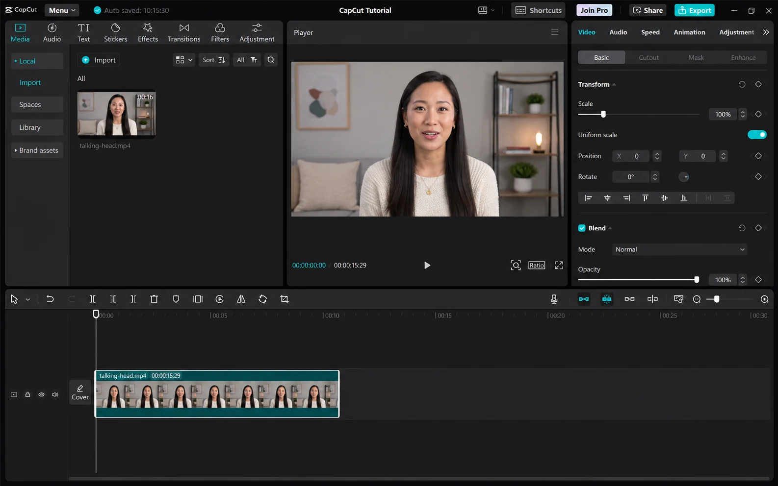 CapCut-style editor with imported video on timeline