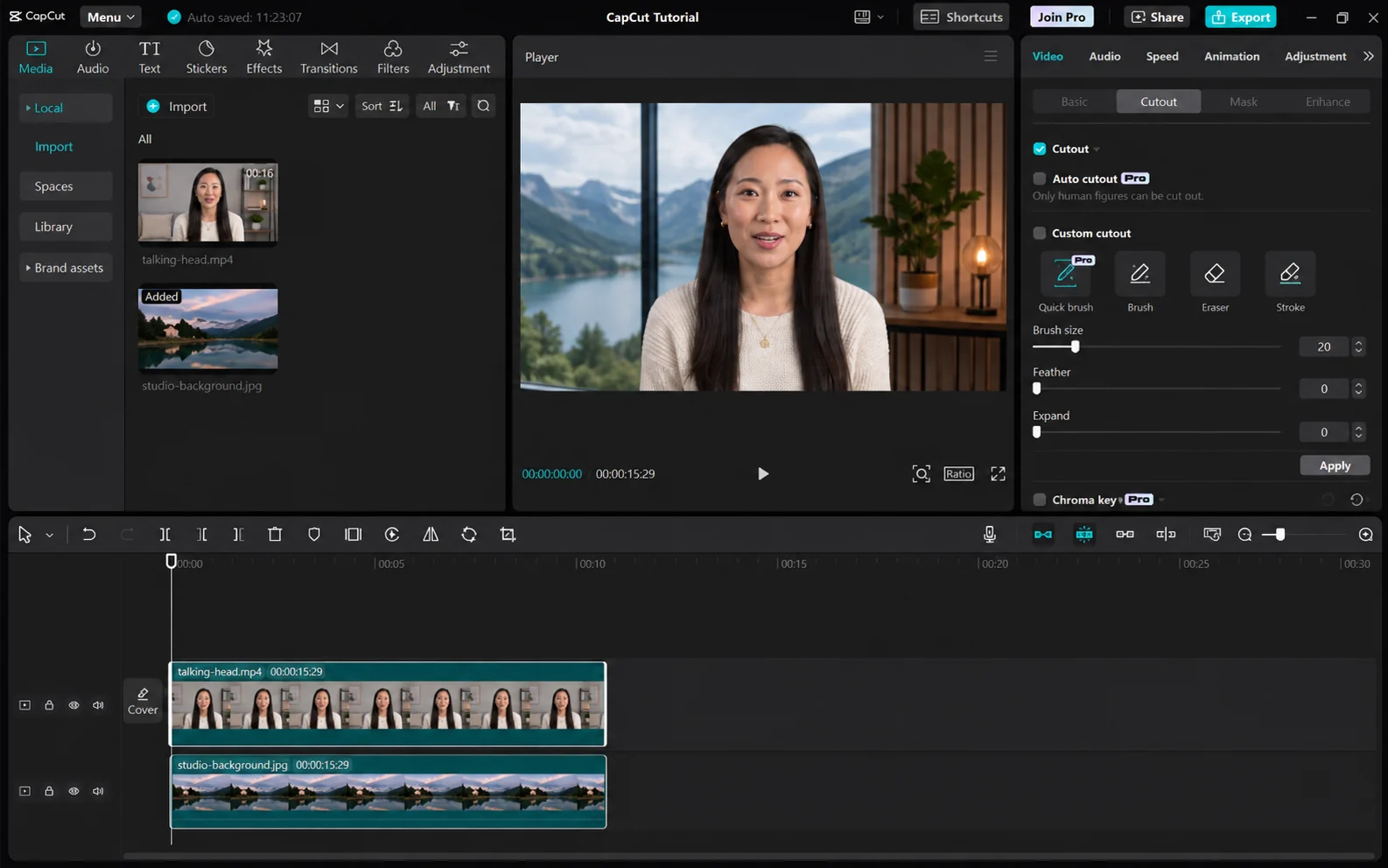 New background composited behind a person in CapCut-style editor