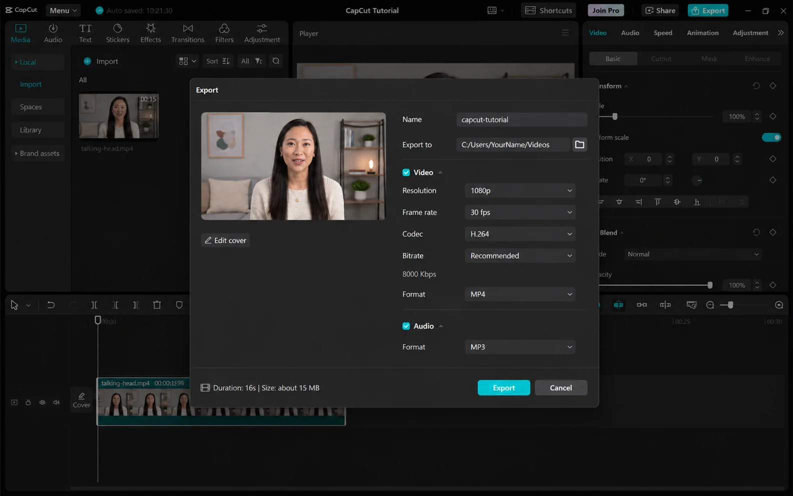CapCut-style export settings