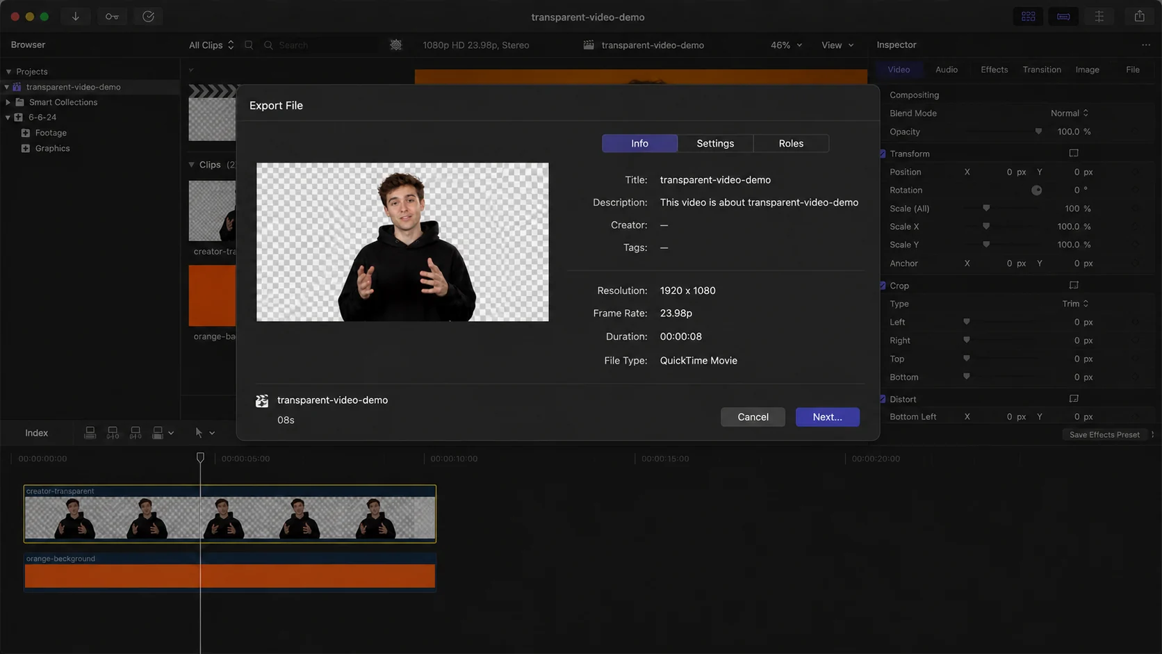 Final Cut Pro-style Share information panel