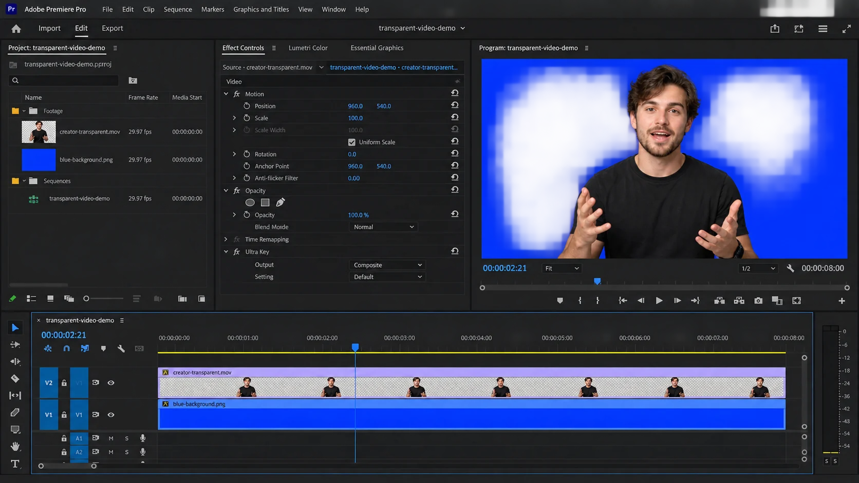 Premiere Pro-style timeline with foreground subject