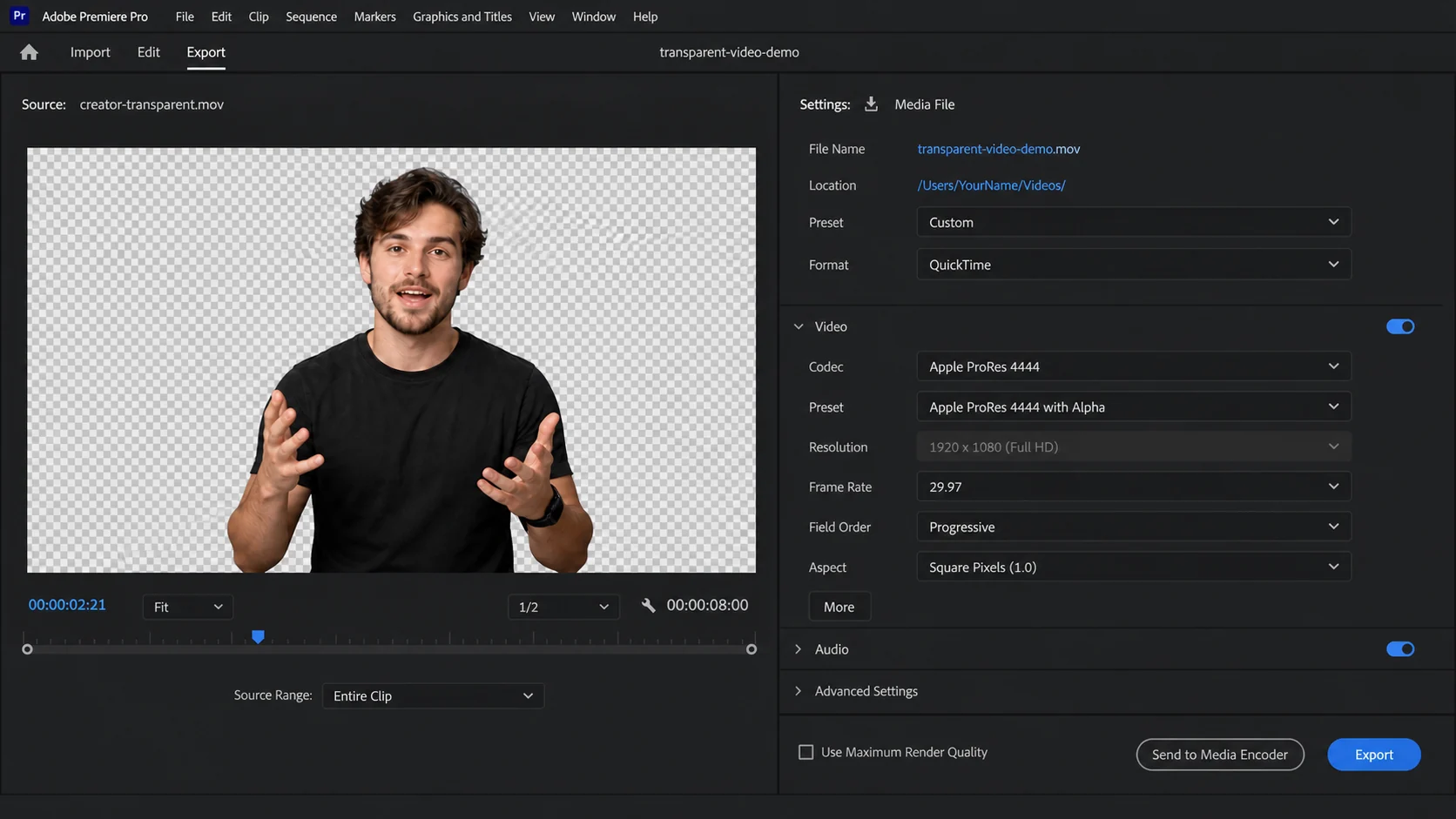 QuickTime and ProRes 4444 in Premiere Pro-style export panel
